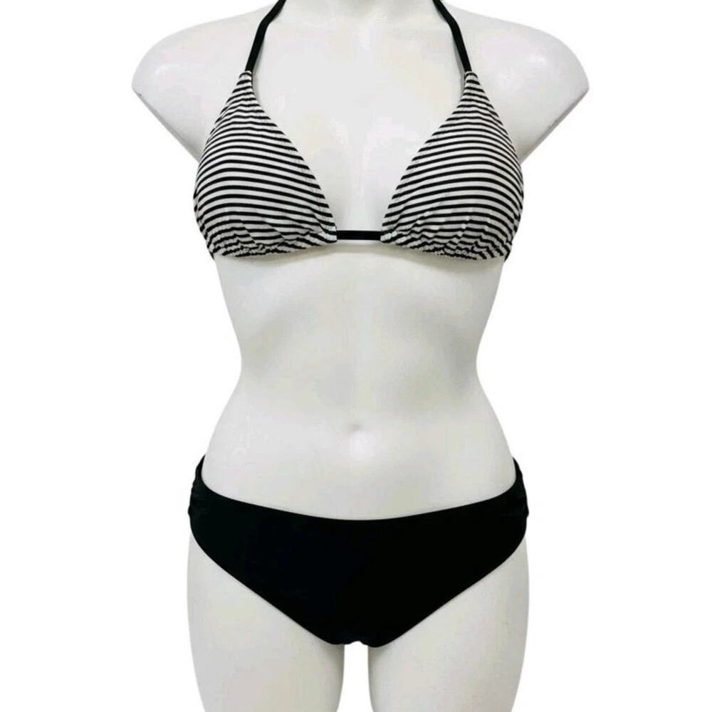 Soma String Bikini Swimsuit Gold Black White Striped Top Women M 2 Pc Y2k